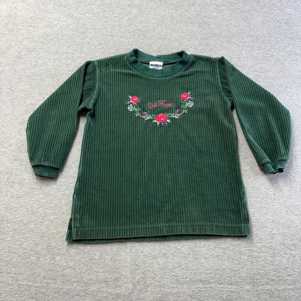 Vintage OshKosh Bgosh Top Girls 4 Green Corduroy Floral Rose Embroidered